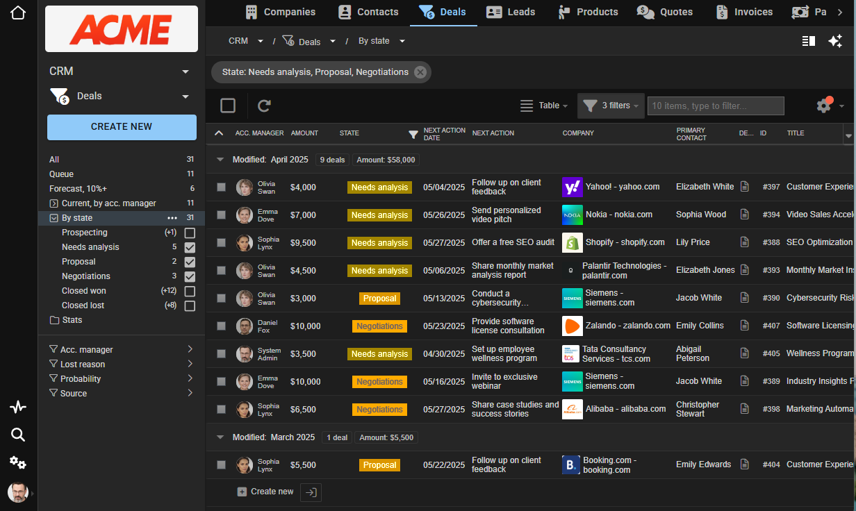 CRM dark theme interface