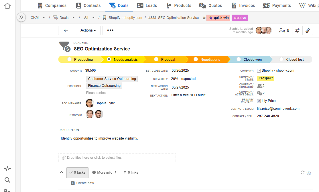 CRM form interface