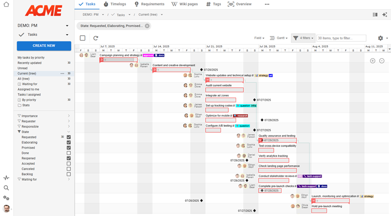 Project management and Gantt chart interface