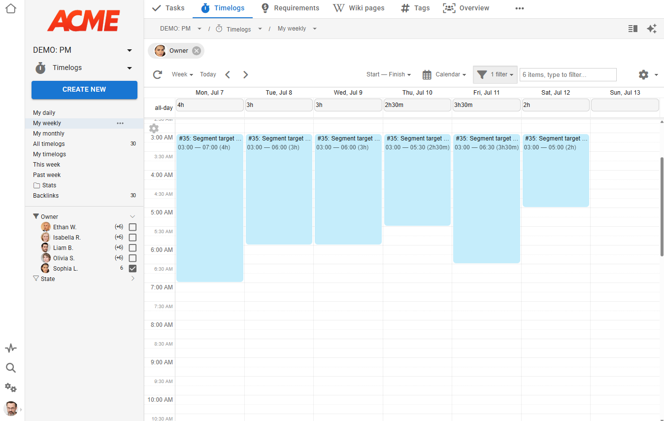 Time tracking and project management interface